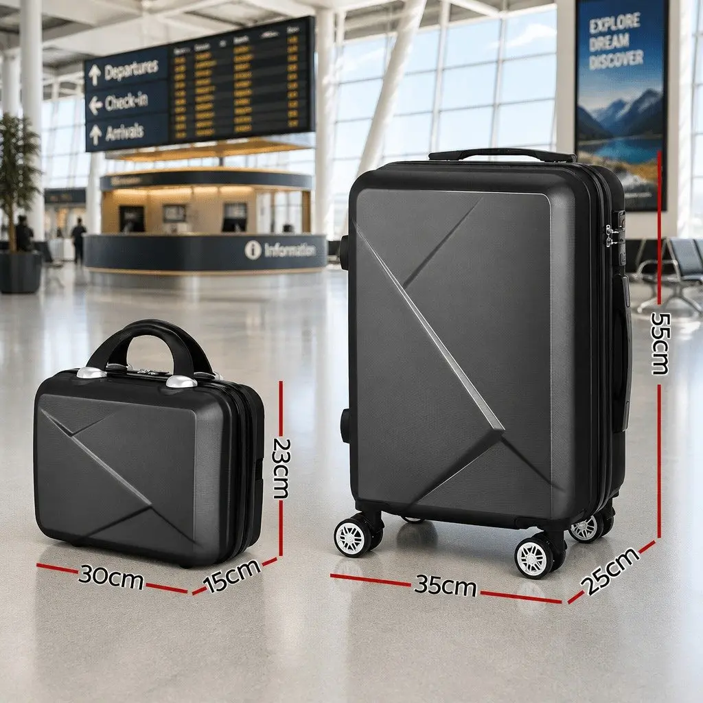 Hard Shell Luggage Set Black 20 Inch and 12 Inch Lightweight Travel Suitcase with TSA Lock and Retractable Trolley System 2 Piece