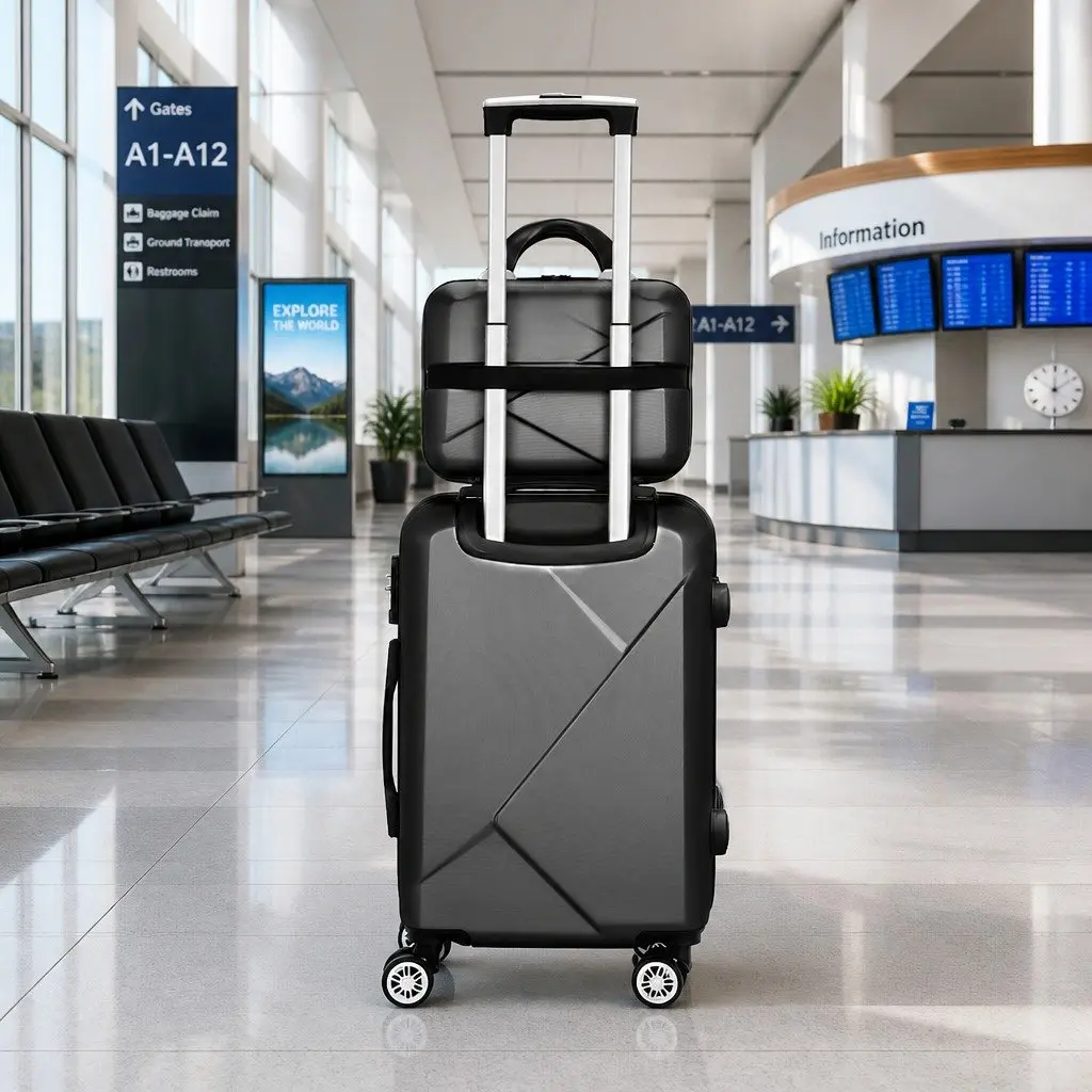 Hard Shell Luggage Set Black 20 Inch and 12 Inch Lightweight Travel Suitcase with TSA Lock and Retractable Trolley System 2 Piece