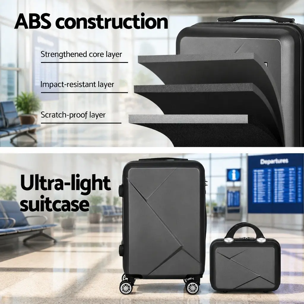 Hard Shell Luggage Set Black 20 Inch and 12 Inch Lightweight Travel Suitcase with TSA Lock and Retractable Trolley System 2 Piece