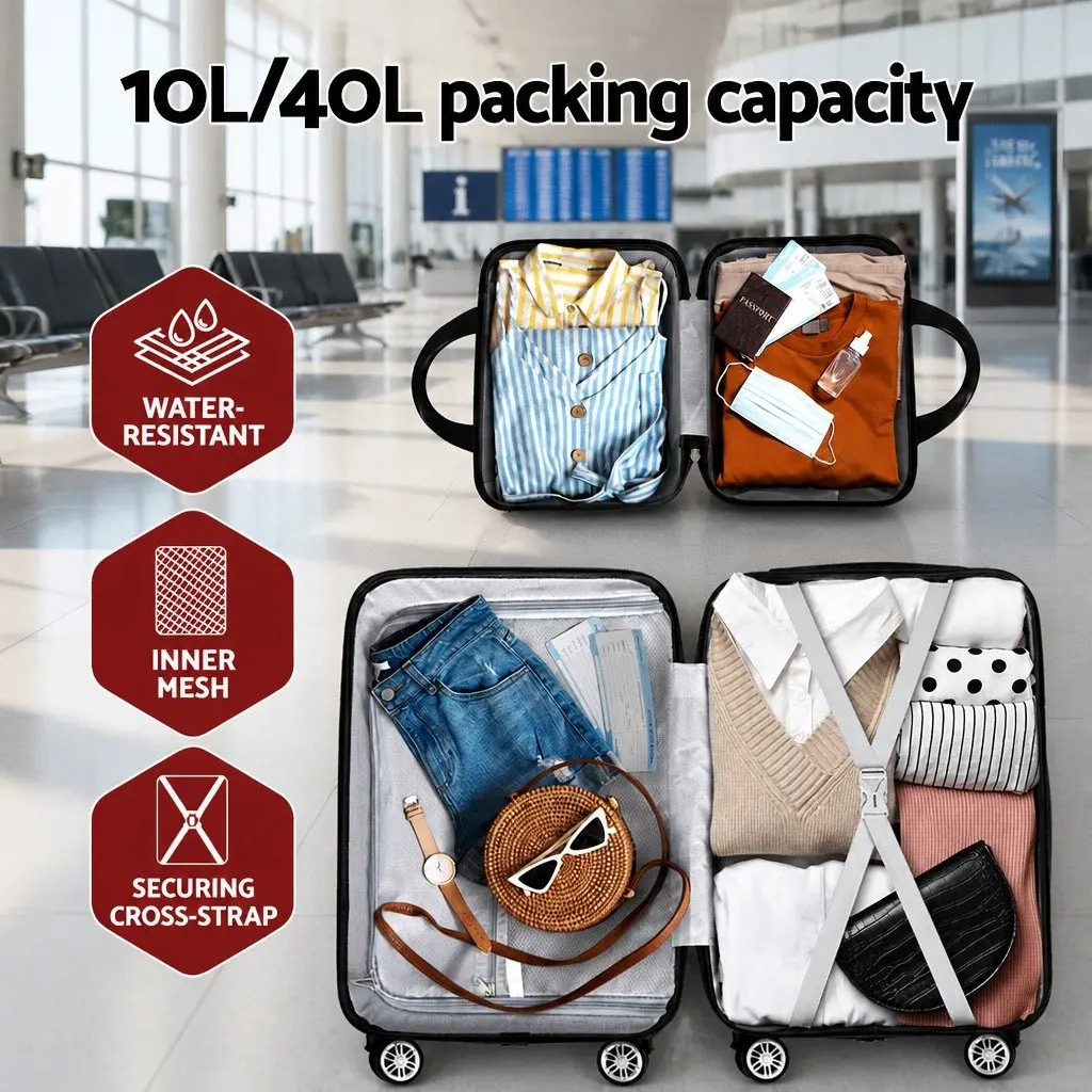 Hard Shell Luggage Set Black 20 Inch and 12 Inch Lightweight Travel Suitcase with TSA Lock and Retractable Trolley System 2 Piece