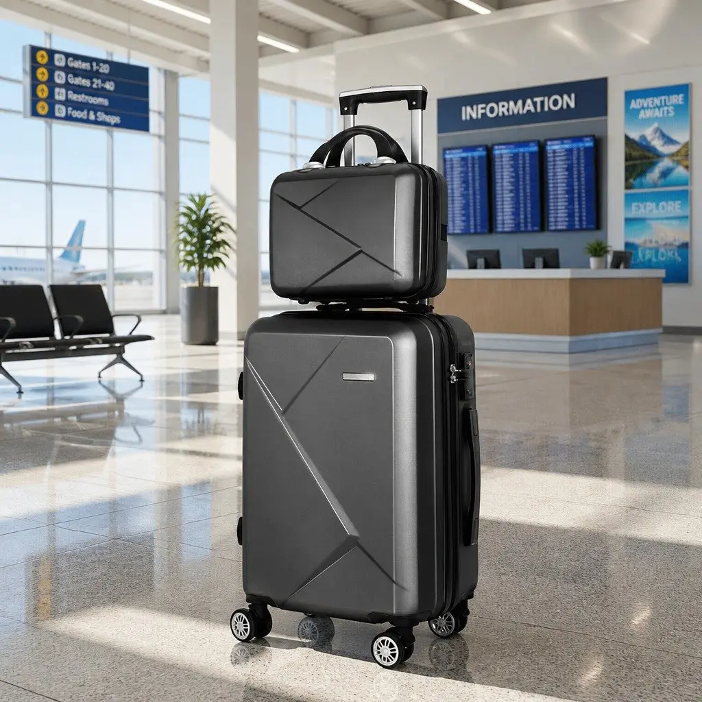 Hard Shell Luggage Set Black 20 Inch and 12 Inch Lightweight Travel Suitcase with TSA Lock and Retractable Trolley System 2 Piece