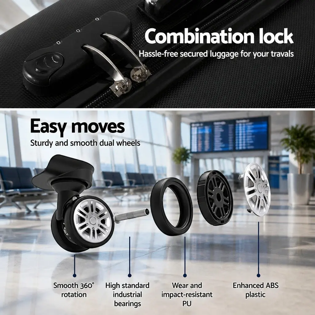 Hard Shell Suitcase Black 20 Inch Carry On with Code Lock and 360° Wheels