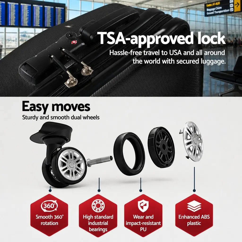 24 Inch Luggage Suitcase Black Hard Shell Spinner with TSA Lock