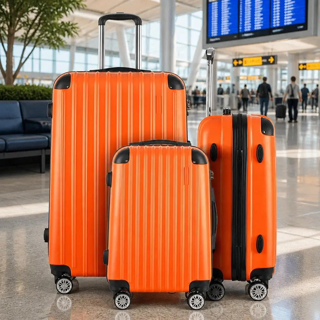 Luggage Set Orange 3 Piece 20 24 28 Inch Hard Shell Suitcase TSA Lock Spinner Carry On