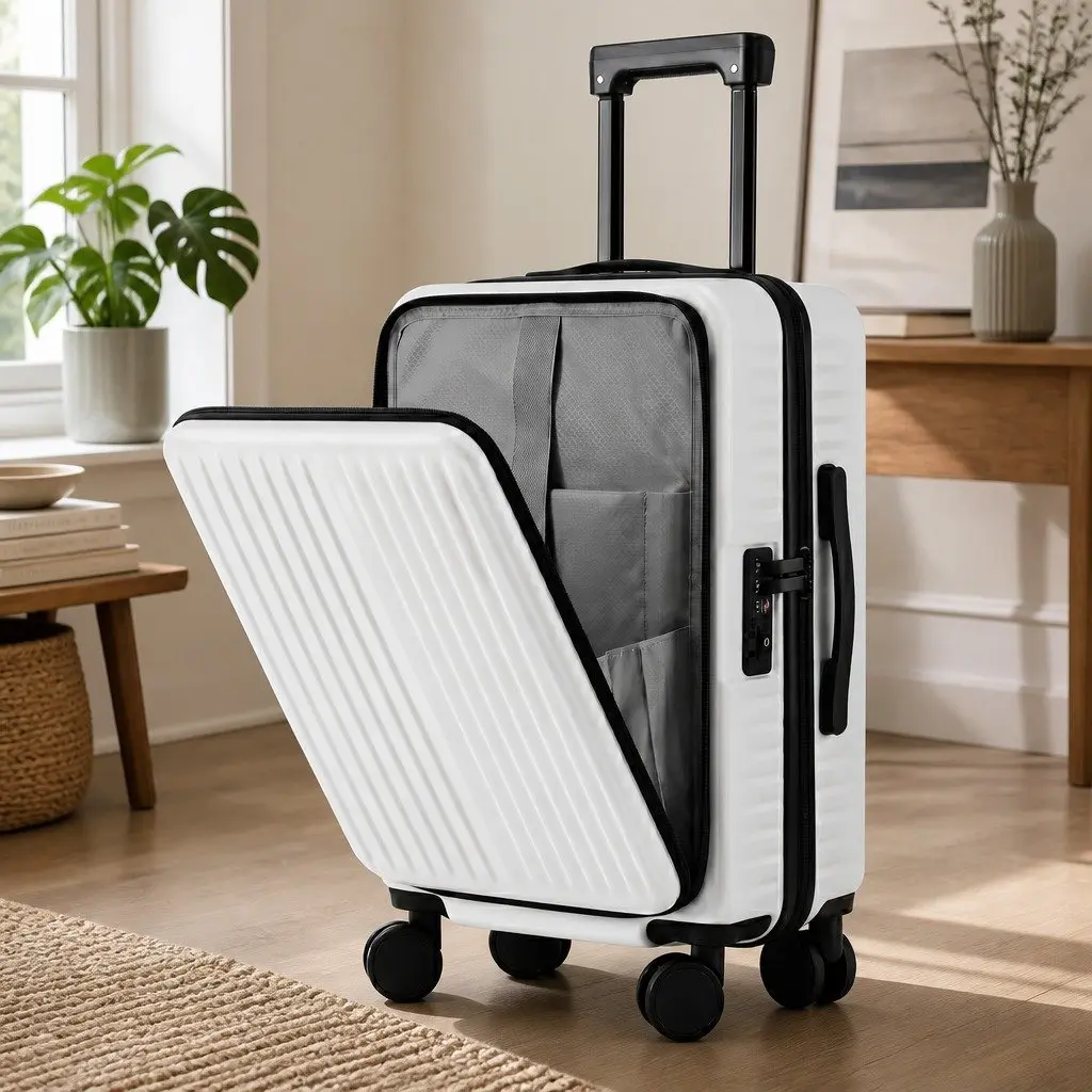 20" Carry On Luggage Suitcase White Front Pocket Travel Case Dual TSA Locks