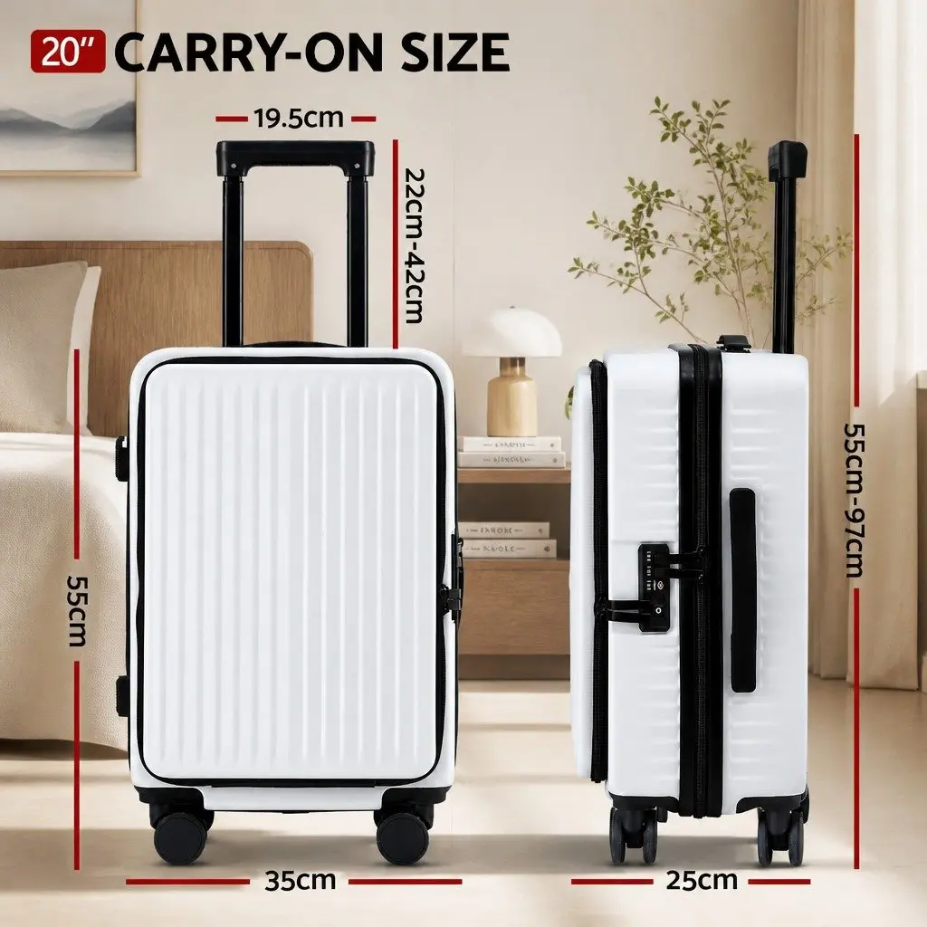 20" Carry On Luggage Suitcase White Front Pocket Travel Case Dual TSA Locks