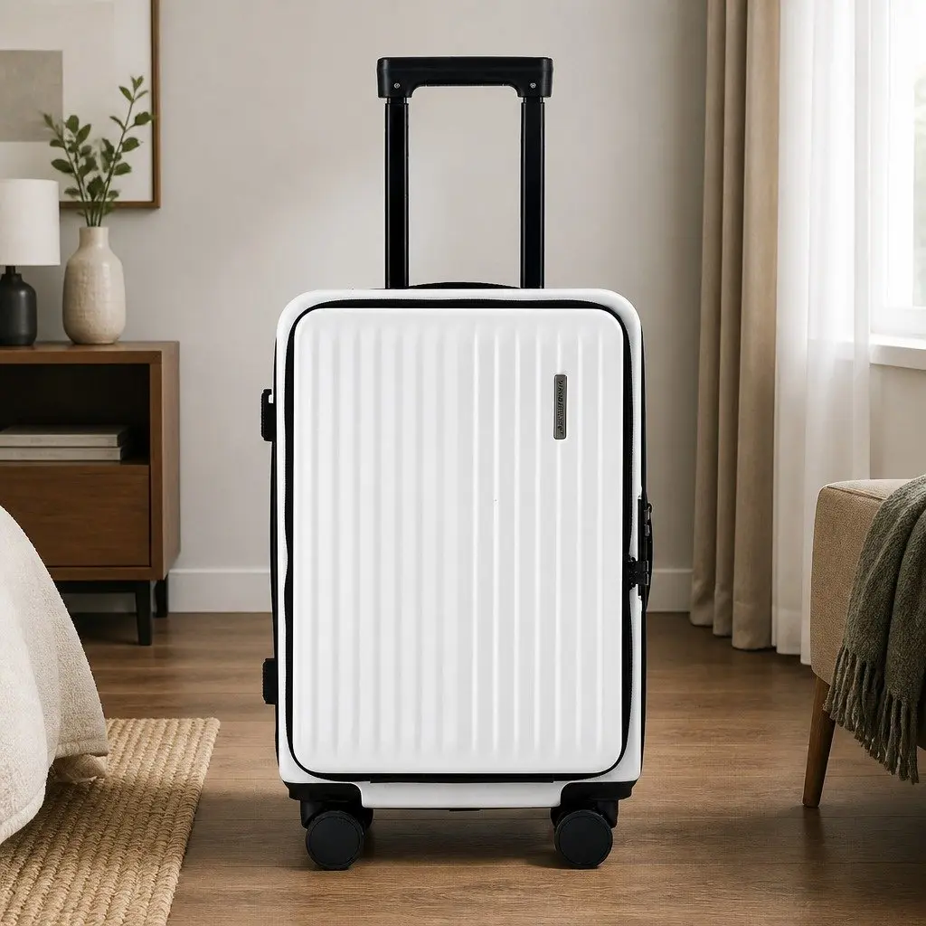 20" Carry On Luggage Suitcase White Front Pocket Travel Case Dual TSA Locks