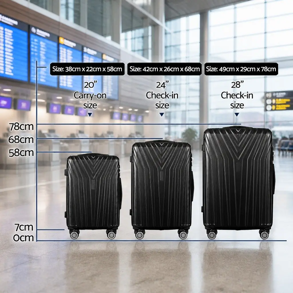 3 Piece Luggage Set Black 20-24-28 Inch Hard Shell Suitcase with TSA Lock