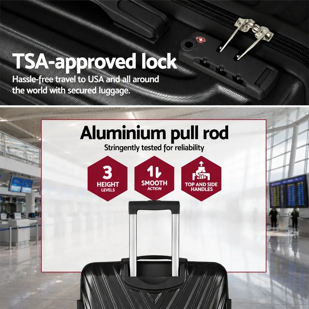 3 Piece Luggage Set Black 20-24-28 Inch Hard Shell Suitcase with TSA Lock