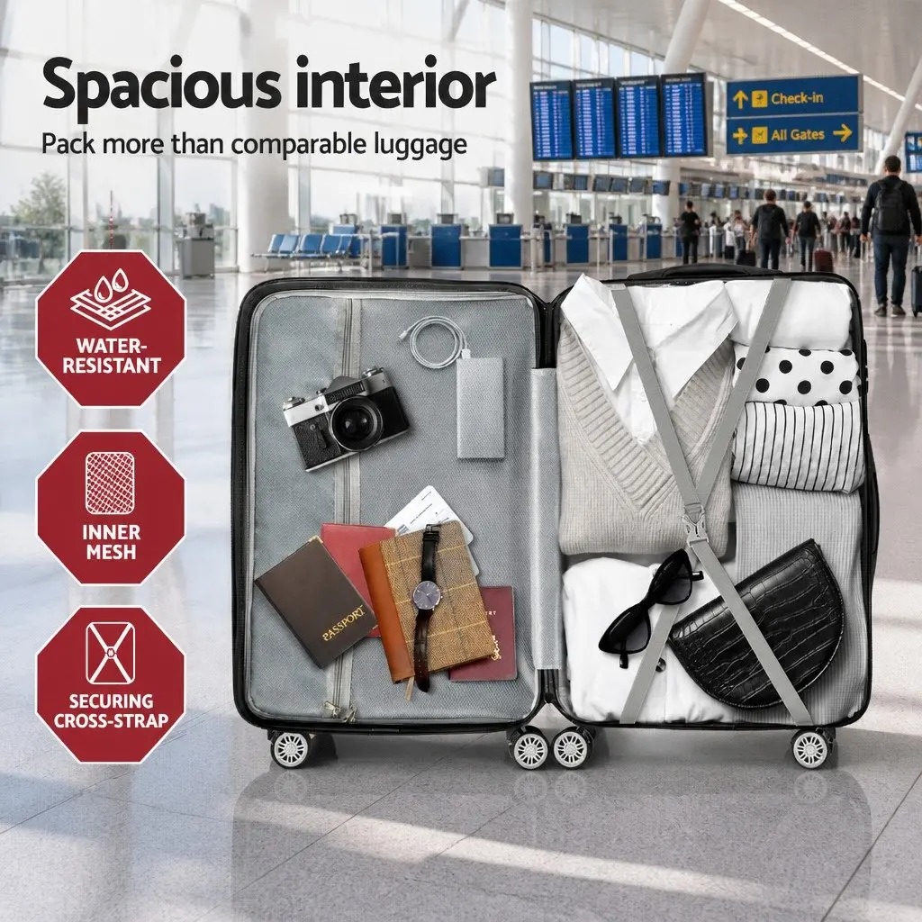 3 Piece Luggage Set Black 20-24-28 Inch Hard Shell Suitcase with TSA Lock