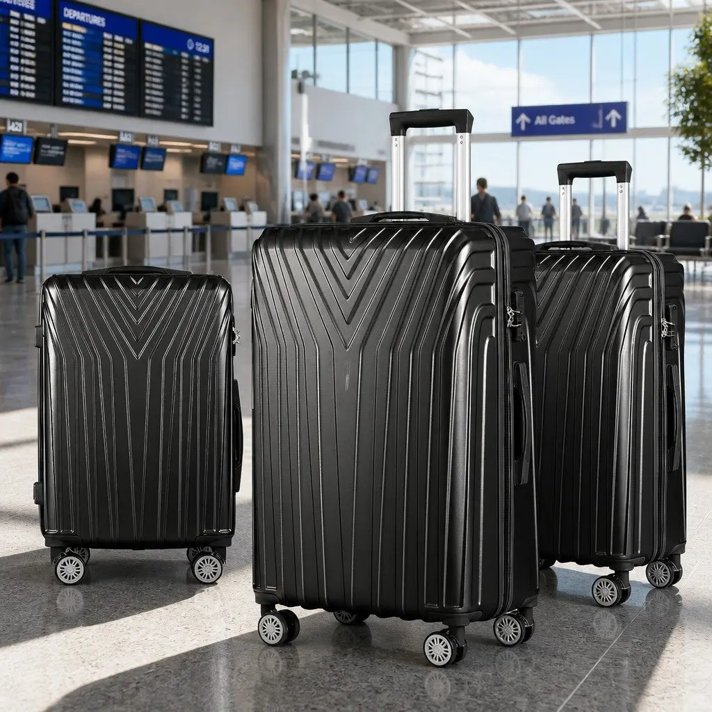 3 Piece Luggage Set Black 20-24-28 Inch Hard Shell Suitcase with TSA Lock