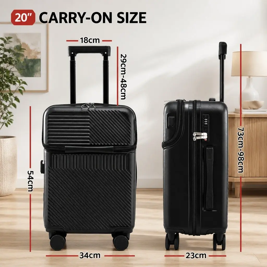 20" Carry On Luggage Suitcase Black Front Pocket TSA Lock Spinner Travel Case