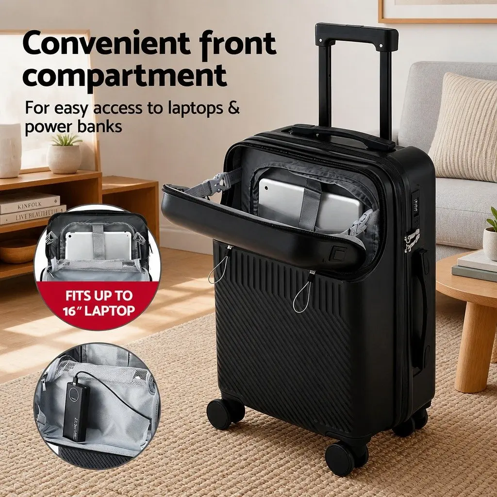 20" Carry On Luggage Suitcase Black Front Pocket TSA Lock Spinner Travel Case