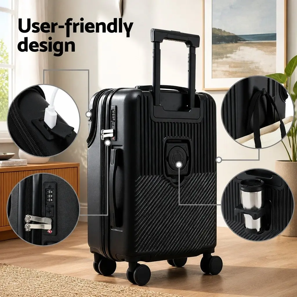 20" Carry On Luggage Suitcase Black Front Pocket TSA Lock Spinner Travel Case