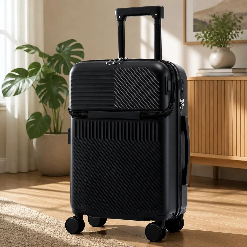 20" Carry On Luggage Suitcase Black Front Pocket TSA Lock Spinner Travel Case