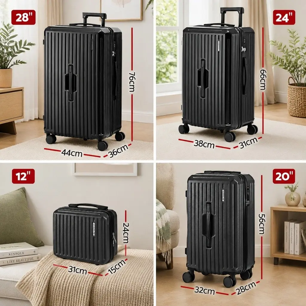 4 Piece Luggage Suitcase Set Black Travel Carry On Case Spinner with TSA Lock
