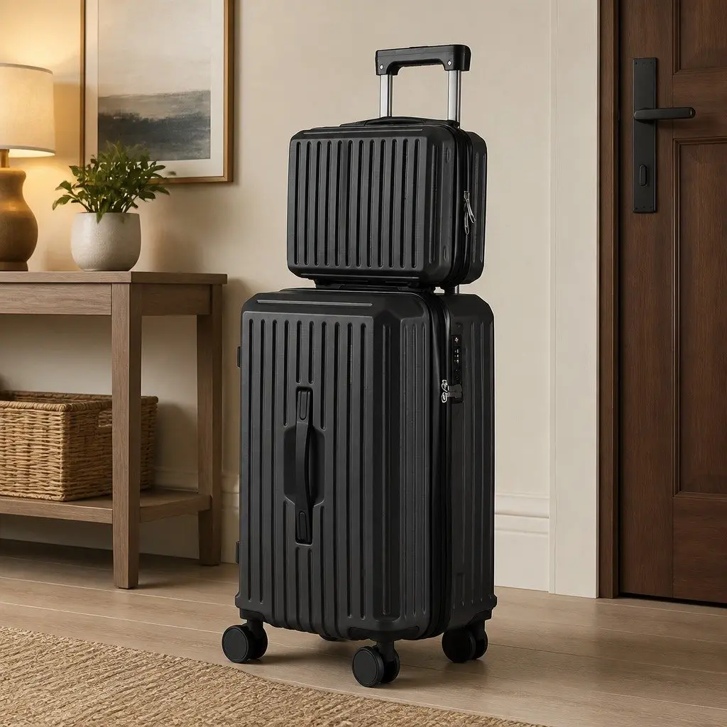 Trunk Luggage Suitcase Set Black 2 Piece Hard-shell Travel Carry On with Lock and Smooth 360° Dual Wheels