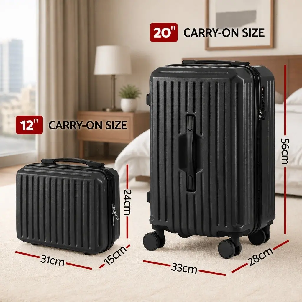 Trunk Luggage Suitcase Set Black 2 Piece Hard-shell Travel Carry On with Lock and Smooth 360° Dual Wheels