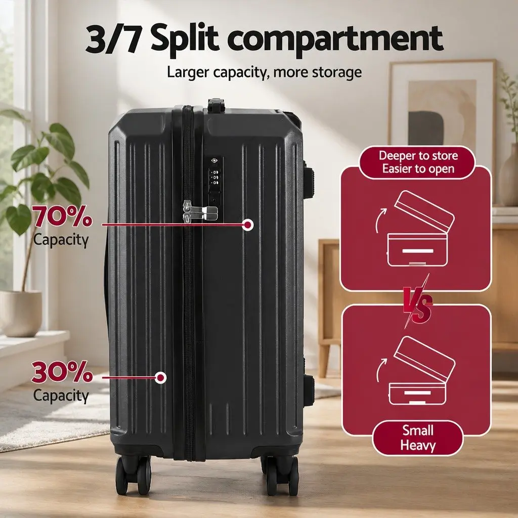 Trunk Luggage Suitcase Set Black 2 Piece Hard-shell Travel Carry On with Lock and Smooth 360° Dual Wheels