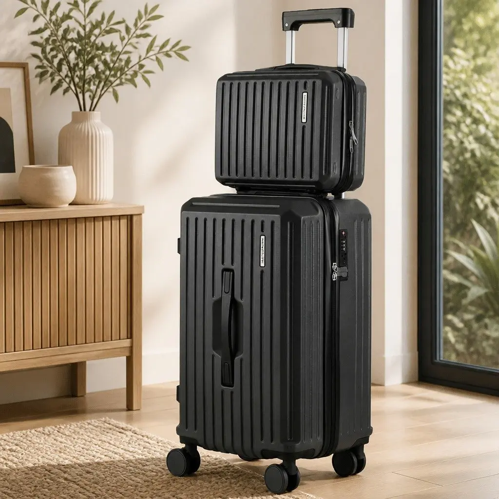 Trunk Luggage Suitcase Set Black 2 Piece Hard-shell Travel Carry On with Lock and Smooth 360° Dual Wheels
