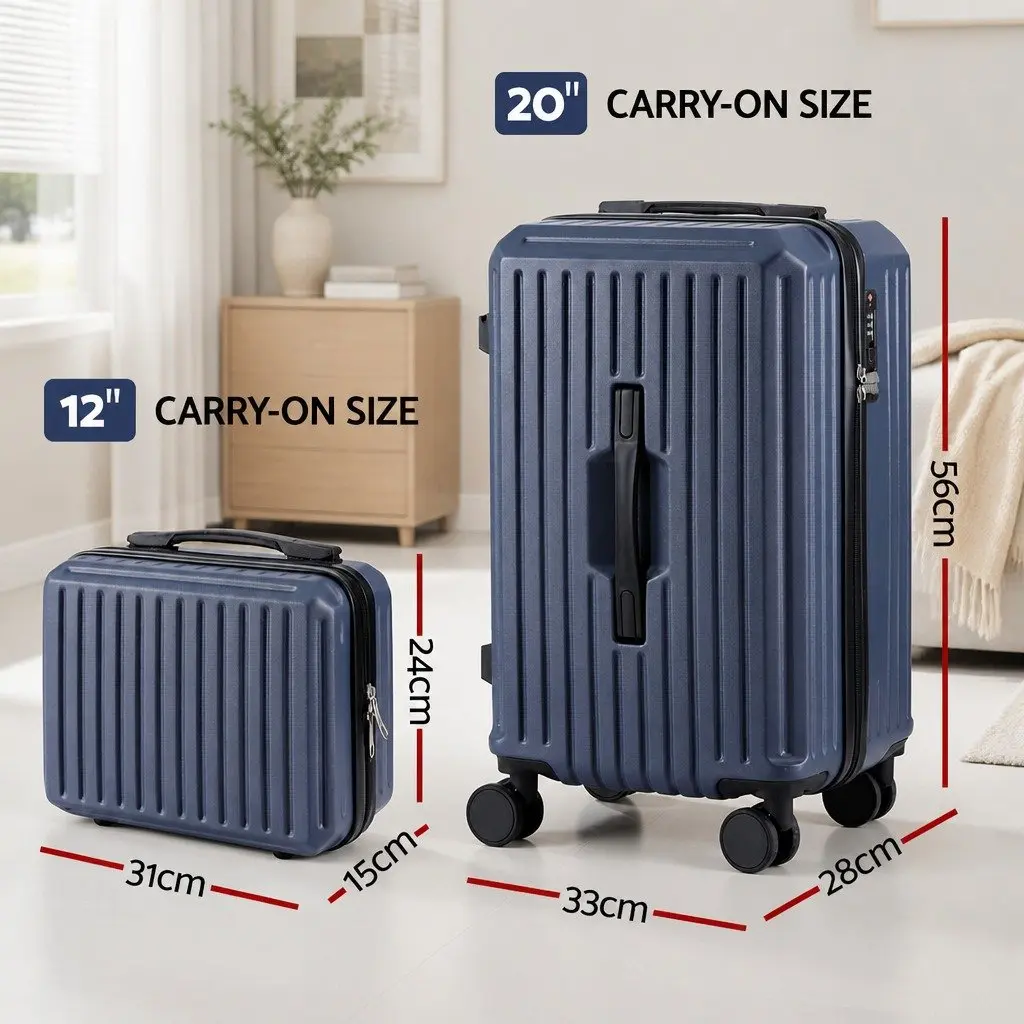 Trunk Luggage Suitcase Set Navy Blue 2 Piece Hard Shell Travel Carry On 12" 20