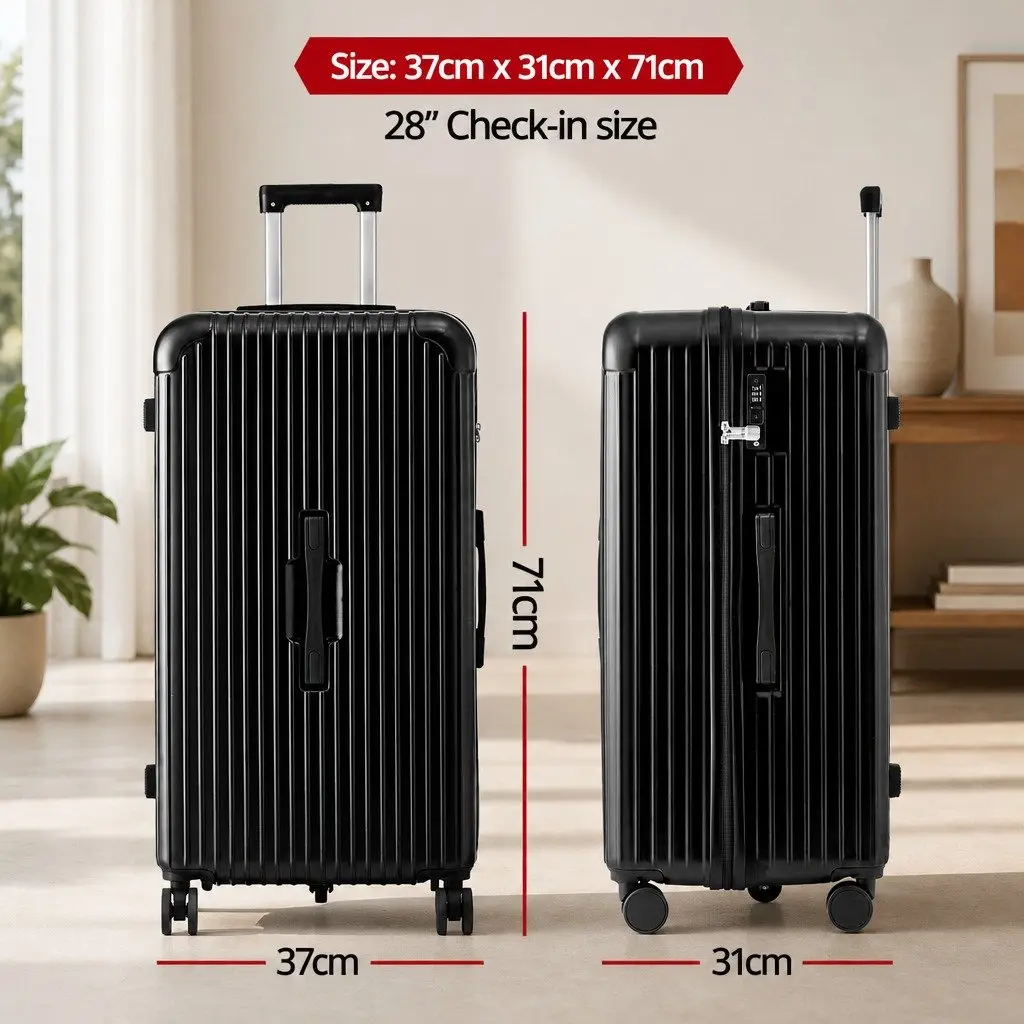 28" Hard Shell Trunk Luggage Suitcase Black USB Type-C Port Spinner Wheels