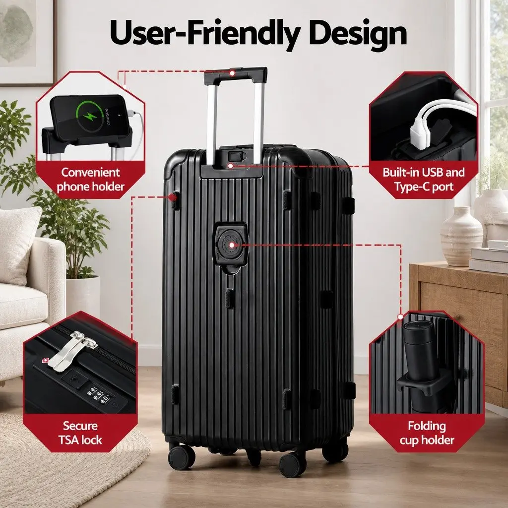 28" Hard Shell Trunk Luggage Suitcase Black USB Type-C Port Spinner Wheels