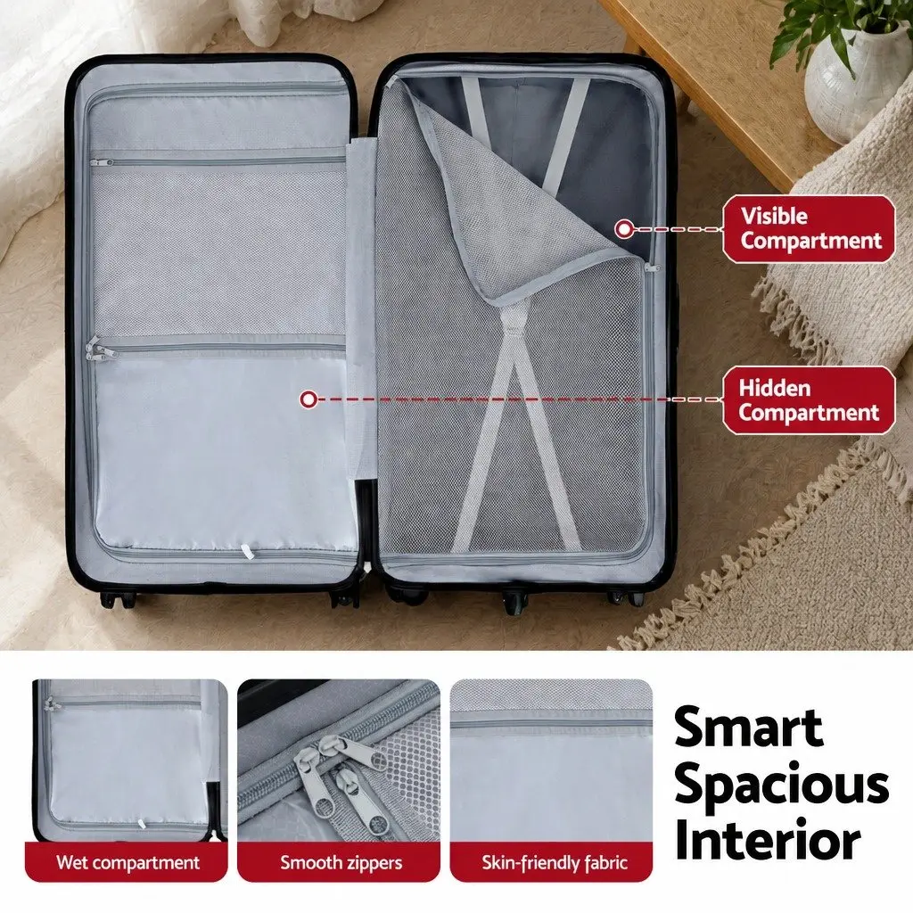 28" Hard Shell Trunk Luggage Suitcase Black USB Type-C Port Spinner Wheels