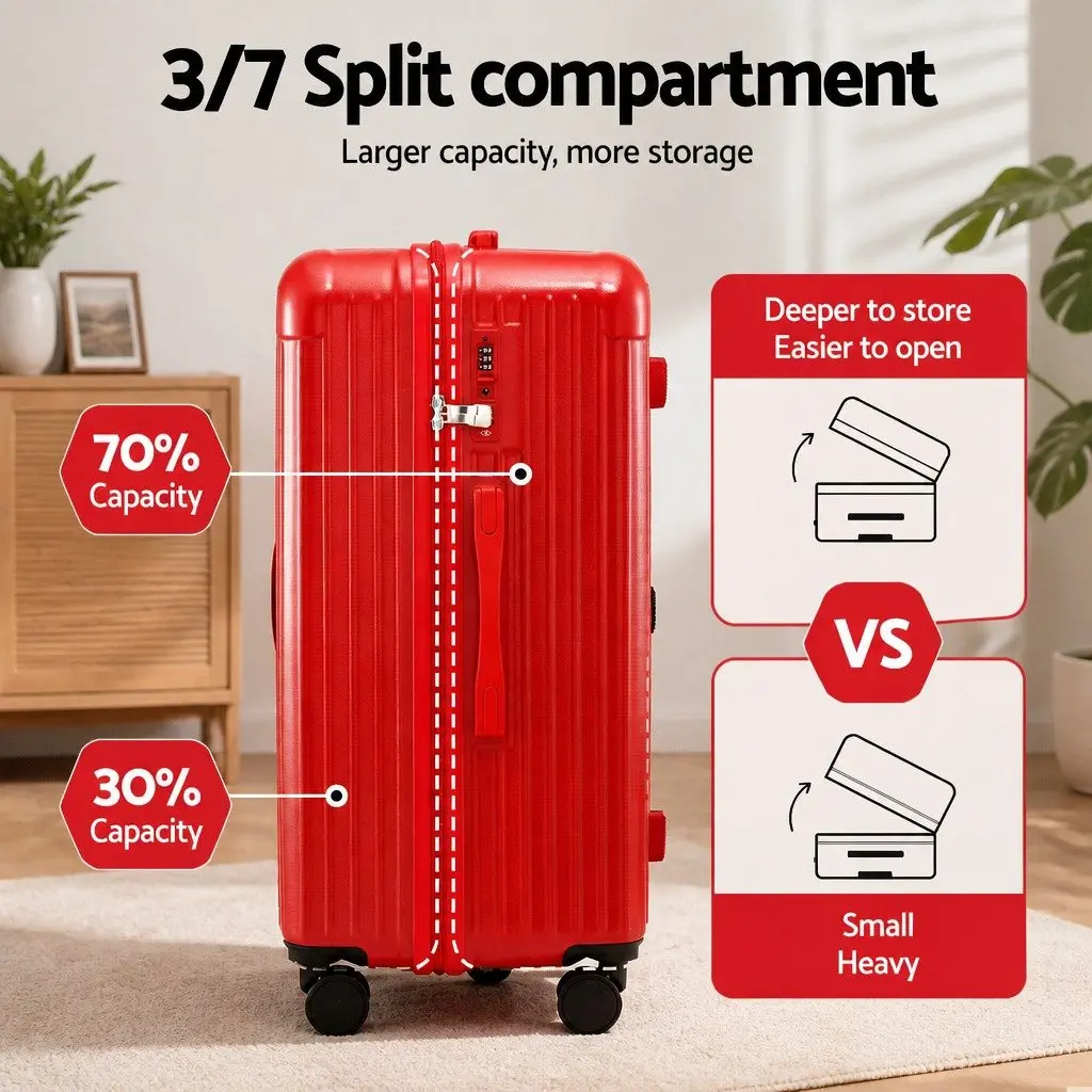 28 Inch Trunk Luggage Suitcase Red Hard Case Travel Trolley Bag with USB Port and 5 Wheels