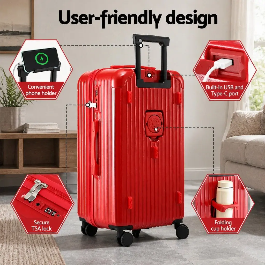 28 Inch Trunk Luggage Suitcase Red Hard Case Travel Trolley Bag with USB Port and 5 Wheels