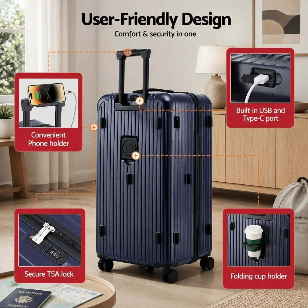 32" Trunk Luggage Suitcase Deep Indigo Travel Case with USB Type-C 5 Wheels