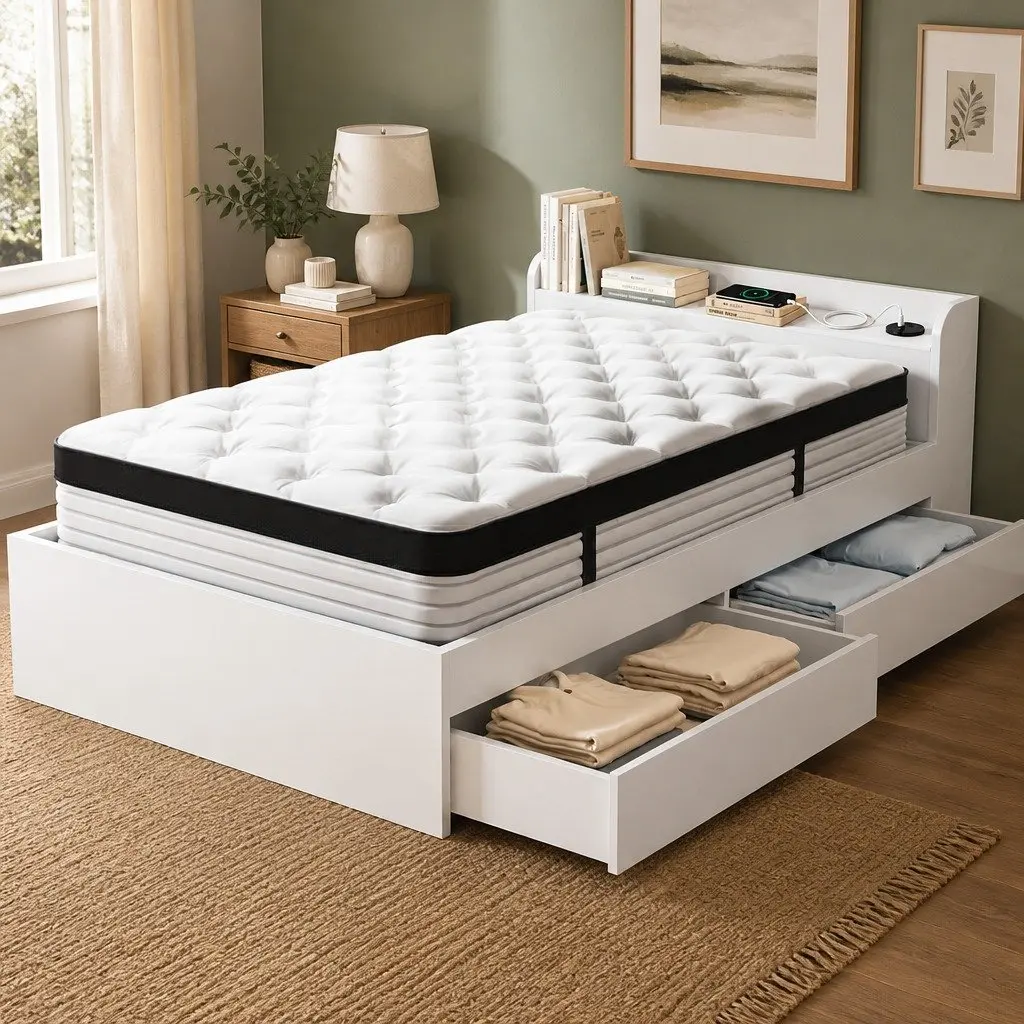 Single Mattress White 190x91cm 5-Zone Pocket Spring with Wooden Storage Bed Frame and Charging Ports