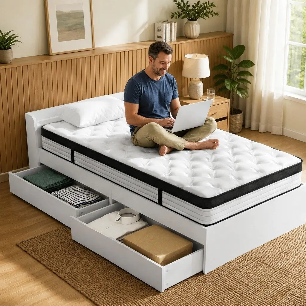 Single Mattress White 190x91cm 5-Zone Pocket Spring with Wooden Storage Bed Frame and Charging Ports