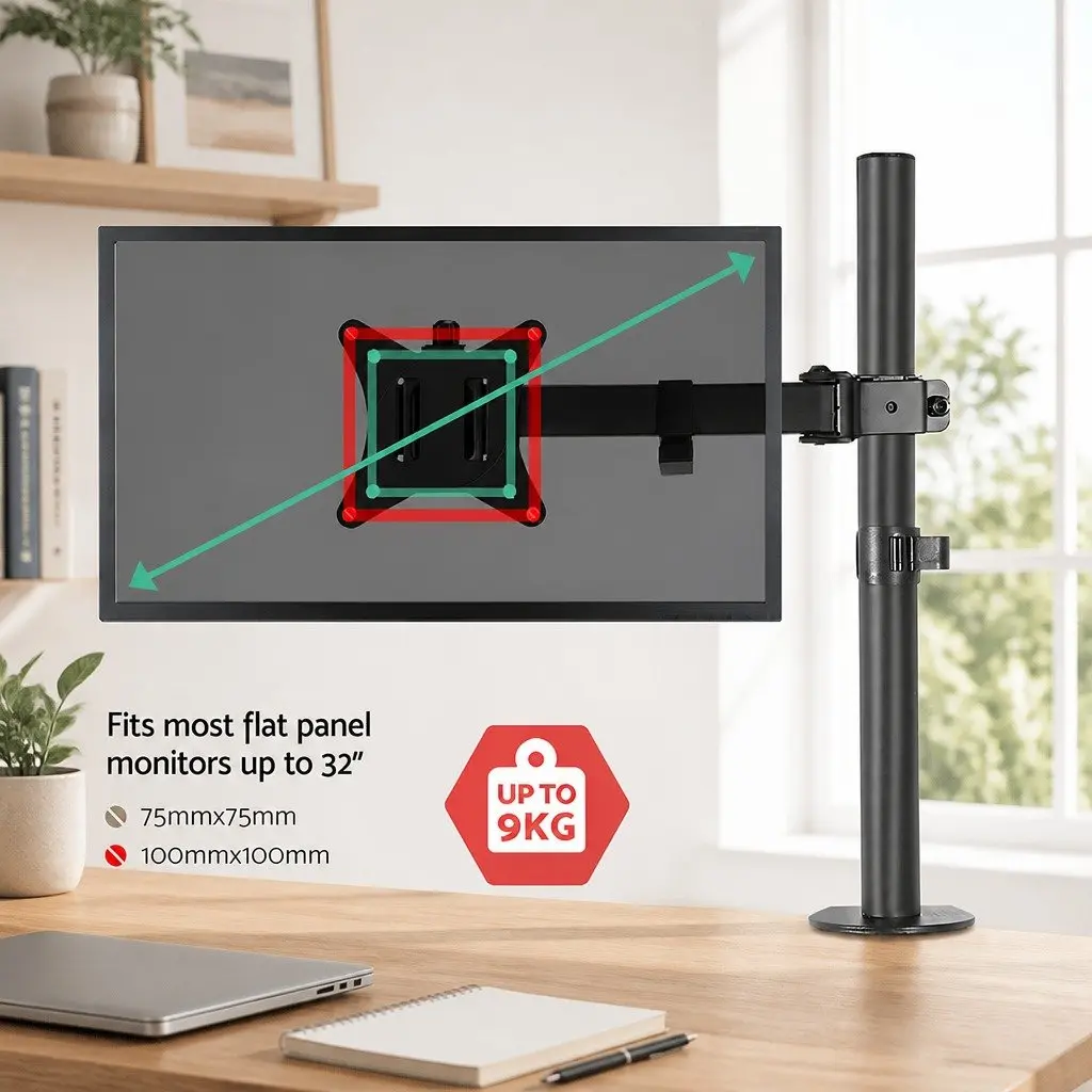Single Monitor Arm Desk Mount Black Adjustable Up to 32 Inch 360 Degree Rotation Height Adjustable