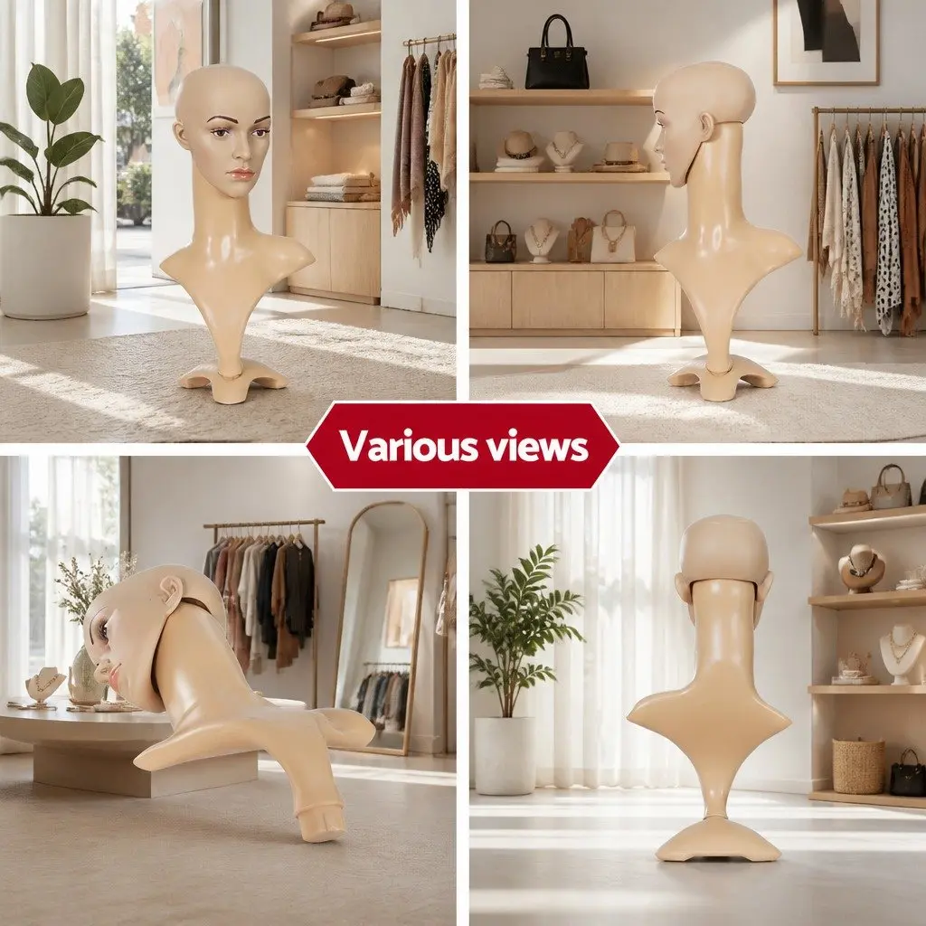 Mannequin Head Skin 52cm Realistic Display Stand for Wig Hat Necklace Scarf