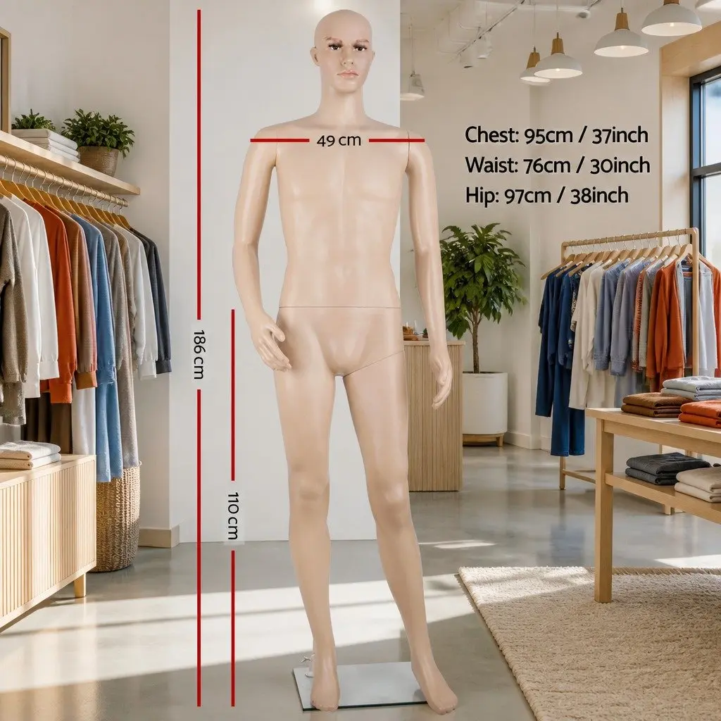 Full Body Male Mannequin Skin Colour 186cm Adjustable Arms Head Retail Display