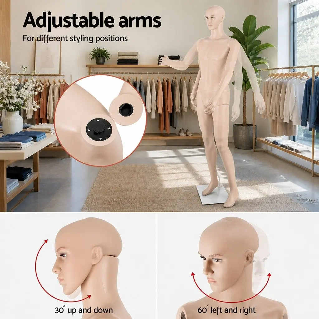 Full Body Male Mannequin Skin Colour 186cm Adjustable Arms Head Retail Display