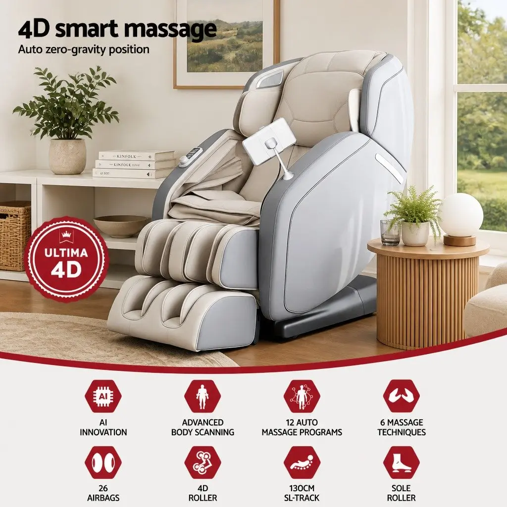 4D Massage Chair Grey Full Body SL-Track Zero Gravity AI Body Scan Electric