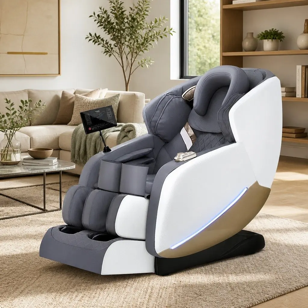 Electric Massage Chair Grey Full Body Zero Gravity Recliner with AI Voice Control and Bluetooth Speakers