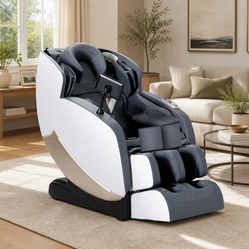 Electric Massage Chair Grey Full Body Zero Gravity Recliner with AI Voice Control and Bluetooth Speakers