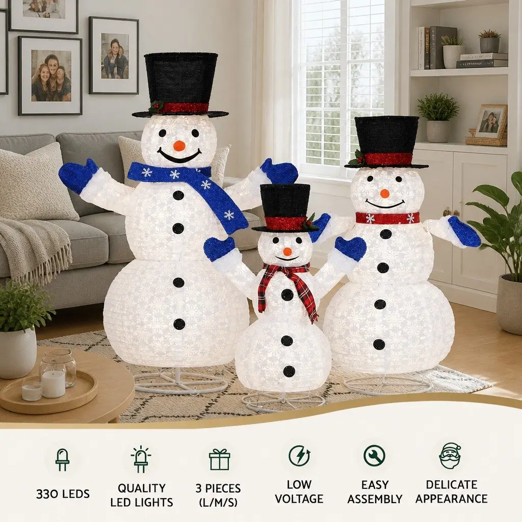 LED Snowman Decoration Set 3 Piece Cool White Indoor Outdoor 3D Light Display