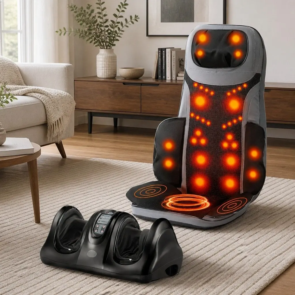 Massage Seat Cushion Black Full Back Heating 8-Node with Foot Massager