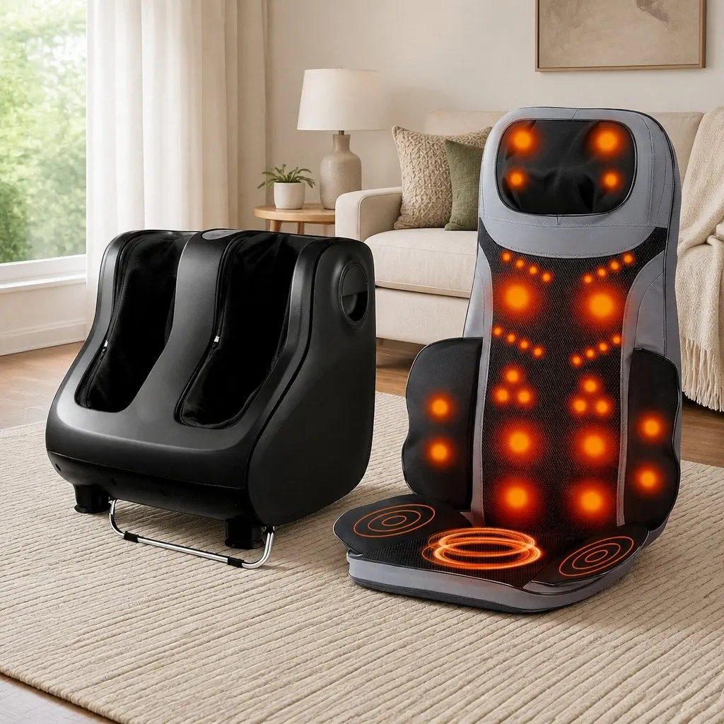 Full Back Massage Seat Cushion Black with Heating and 360° Foot Massager Combo