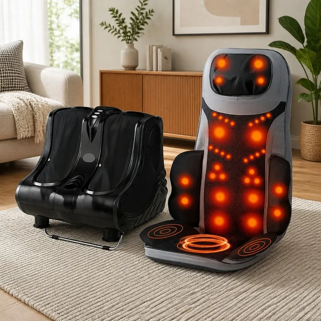 Full Body Massage Cushion Seat Black 36cm x 36cm x 70cm with Foot Leg Calf Massager 47cm x 47cm x 44cm Heating Relaxation