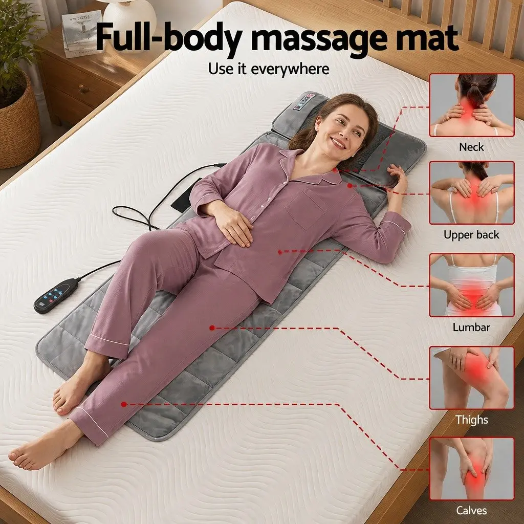 Electric Massage Mat Grey 158cm 10 Motors Vibration Heating Neck Back Relaxation