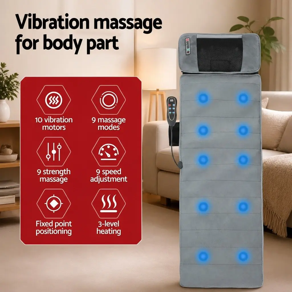 Electric Massage Mat Grey 158cm 10 Motors Vibration Heating Neck Back Relaxation