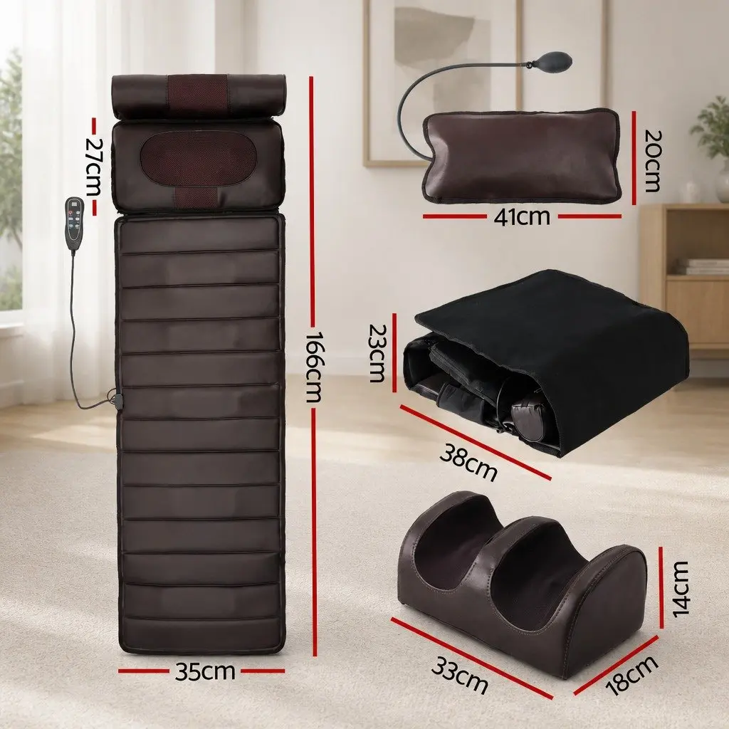 Full Body Massage Mat Brown 166cm Kneading Neck Foot Massager Heated Vibration Airbag