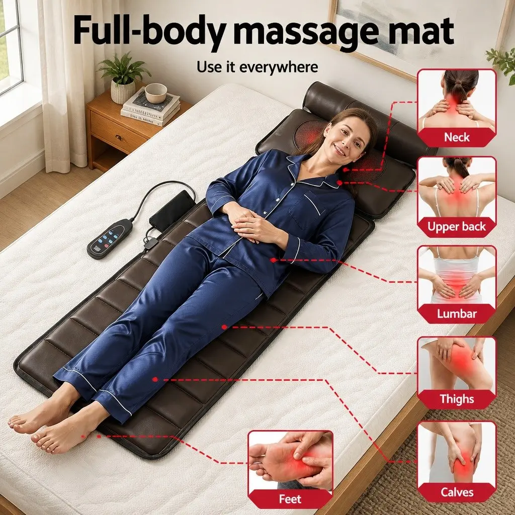 Full Body Massage Mat Brown 166cm Kneading Neck Foot Massager Heated Vibration Airbag