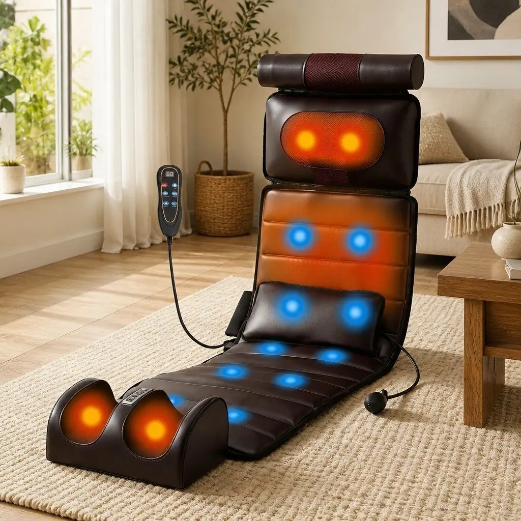 Full Body Massage Mat Brown 166cm Kneading Neck Foot Massager Heated Vibration Airbag