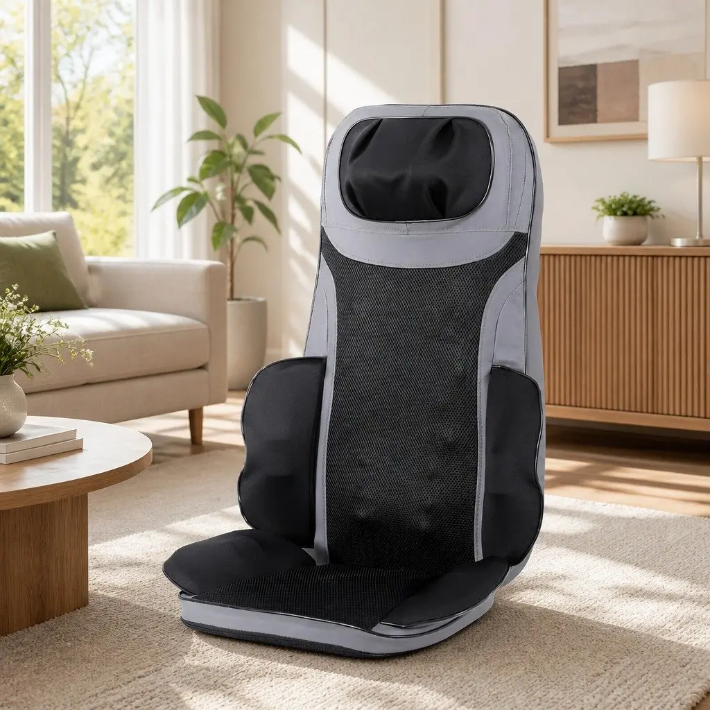 Full Back Massage Seat Cushion Black 36cm x 36cm x 70cm 8-Node Kneading Vibration Heating Functions